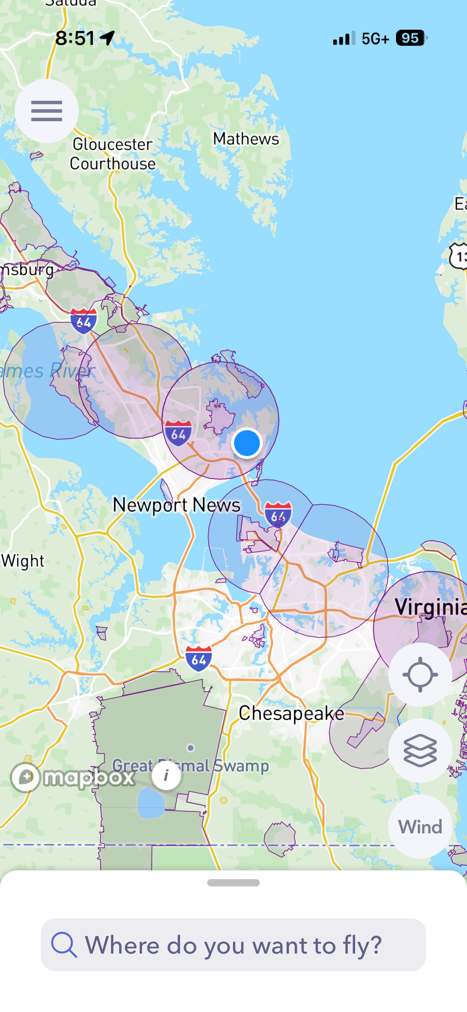 Autopylot airspace map showing Hampton Roads — Class D and restricted zones around Langley AFB, Norfolk International, and Newport News airport